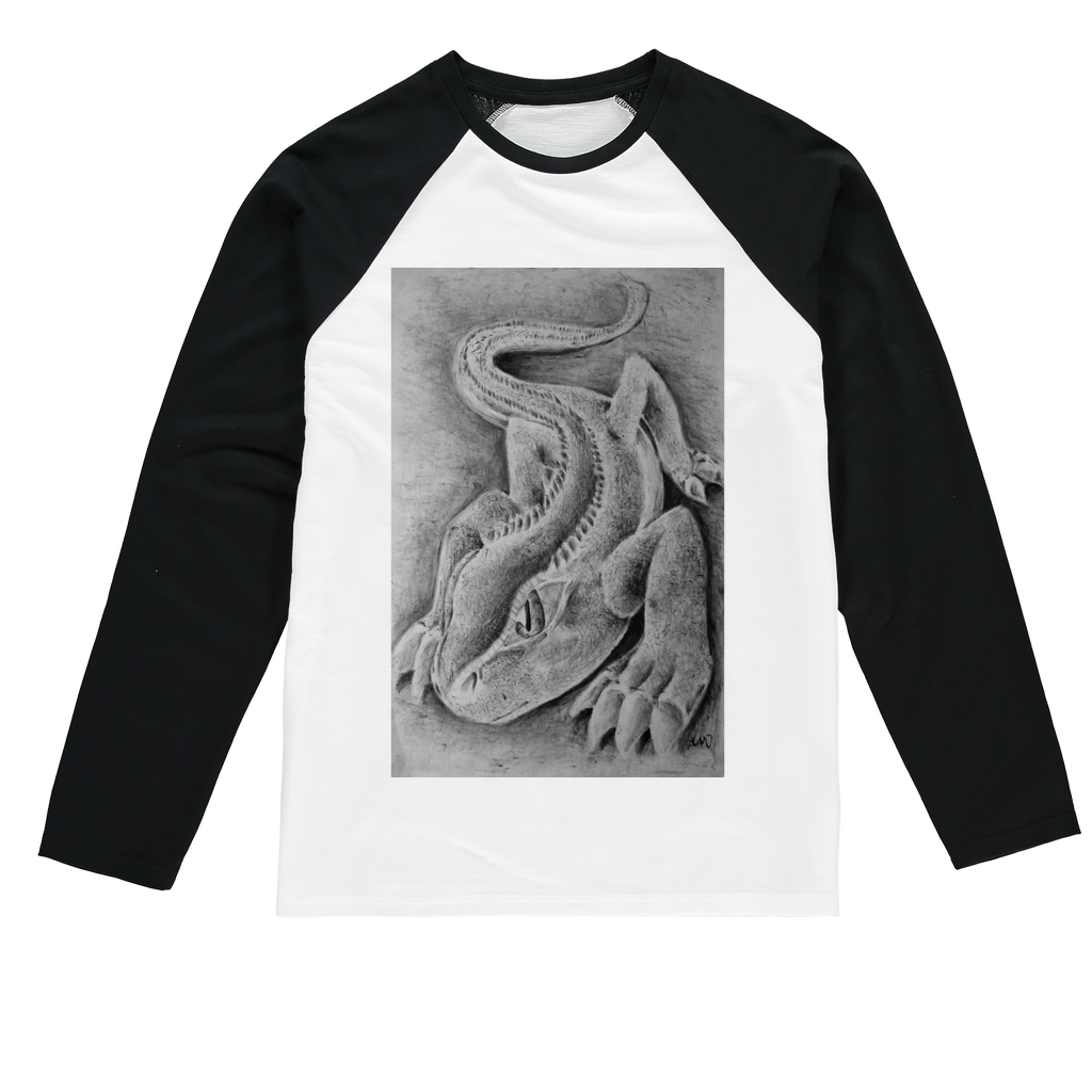 Lizzy the Lizard Sublimation Baseball Long Sleeve T-Shirt featuring vibrant colors and a stylish design, perfect for customization.