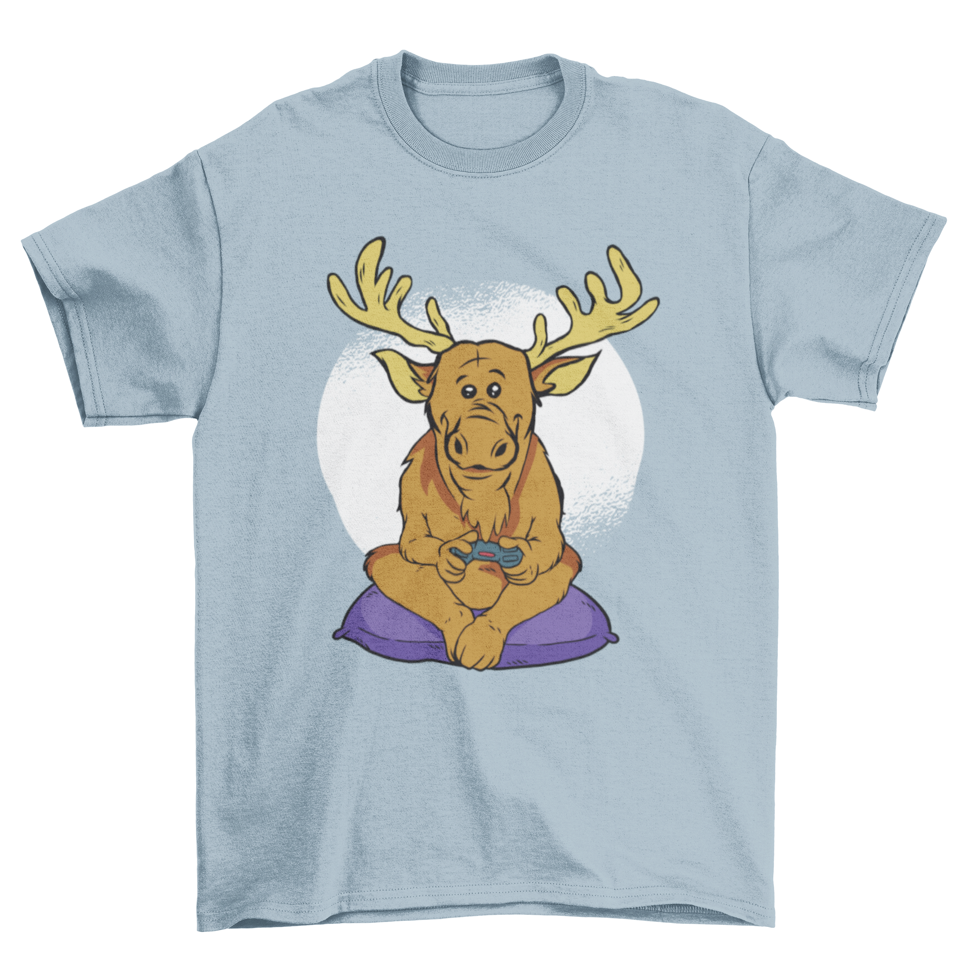 Funny lk Video Games T-shirt featuring an elk on a purple bean bag holding a game controller against a circular grunge background.