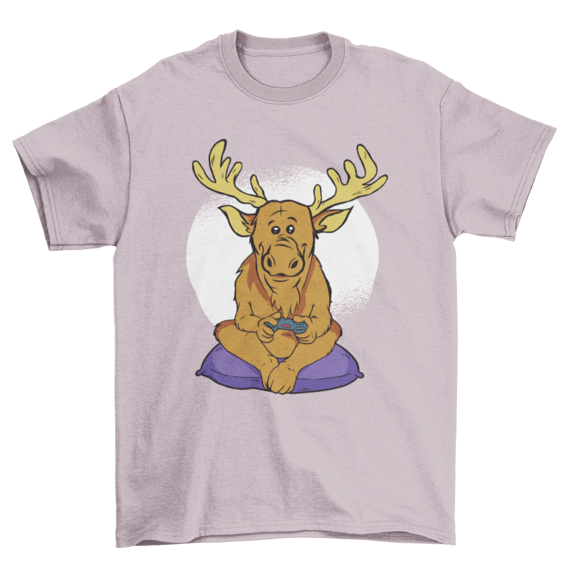 Funny lk Video Games T-shirt featuring an elk on a purple bean bag holding a game controller against a circular grunge background.
