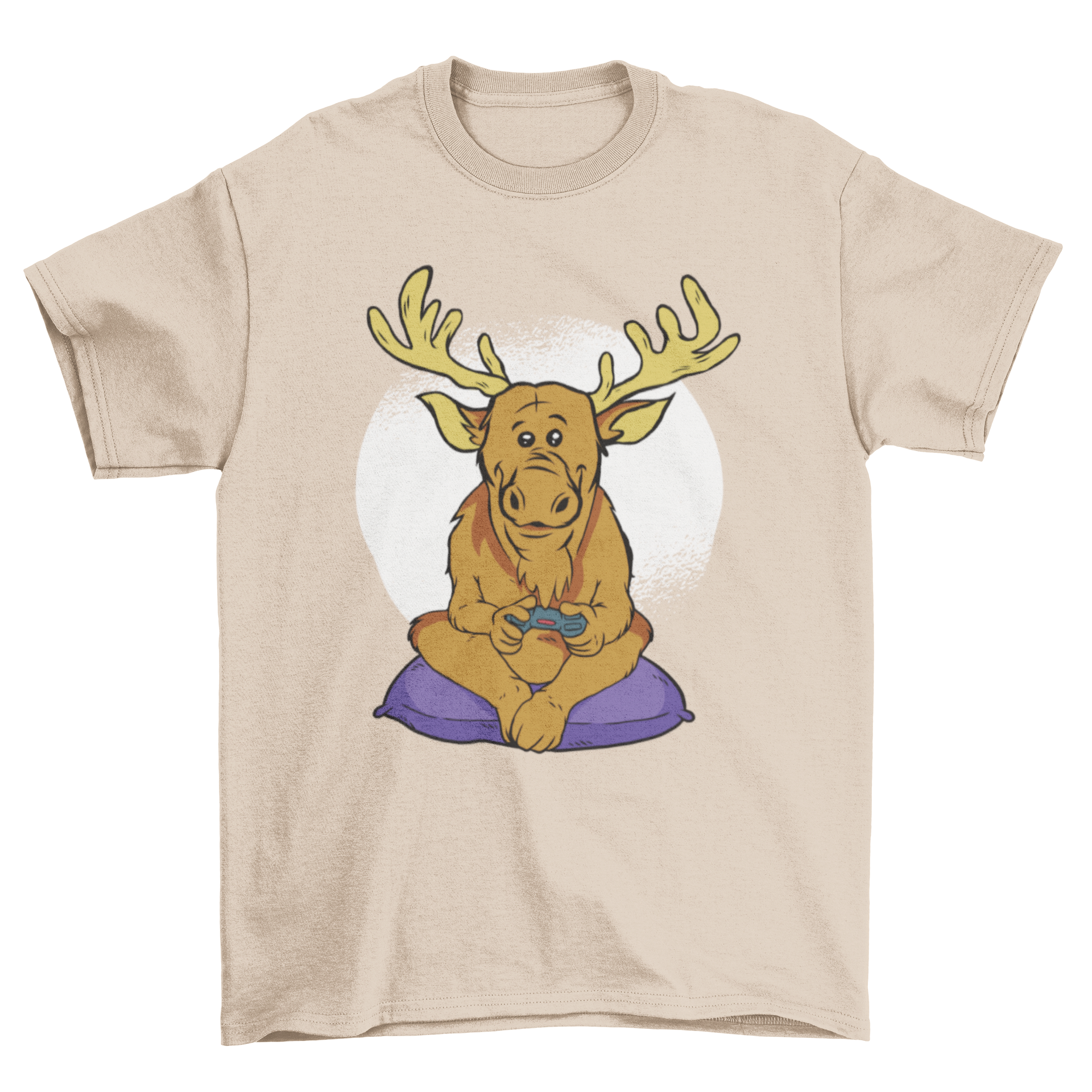 Funny lk Video Games T-shirt featuring an elk on a purple bean bag holding a game controller against a circular grunge background.