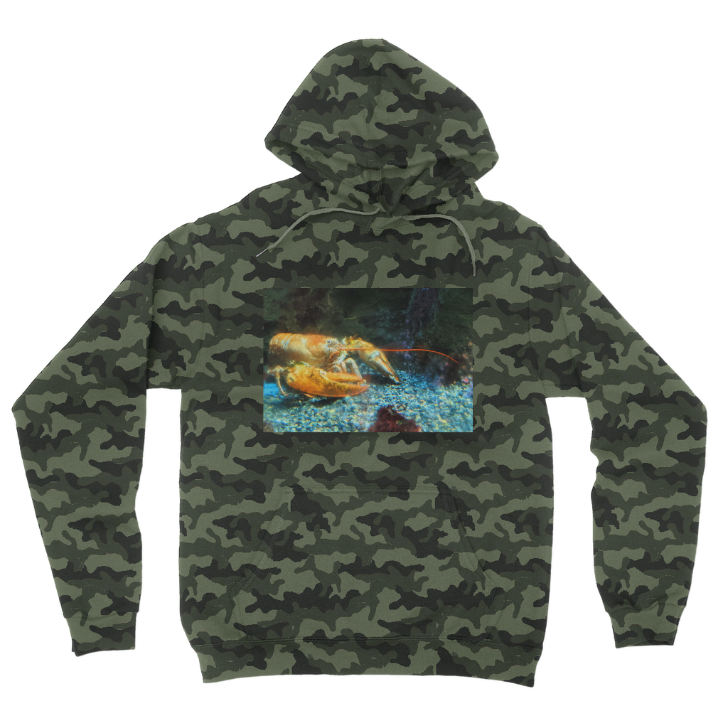 Lobster Camouflage Adult Hoodie featuring an all-over camo design, flat lace drawcords, and a kangaroo pouch pocket.