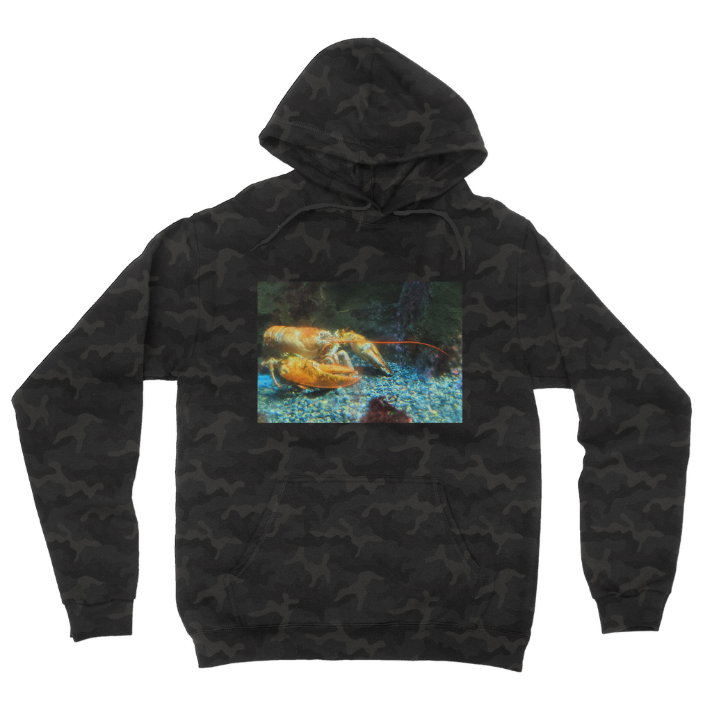 Lobster Camouflage Adult Hoodie featuring an all-over camo design, flat lace drawcords, and a kangaroo pouch pocket.
