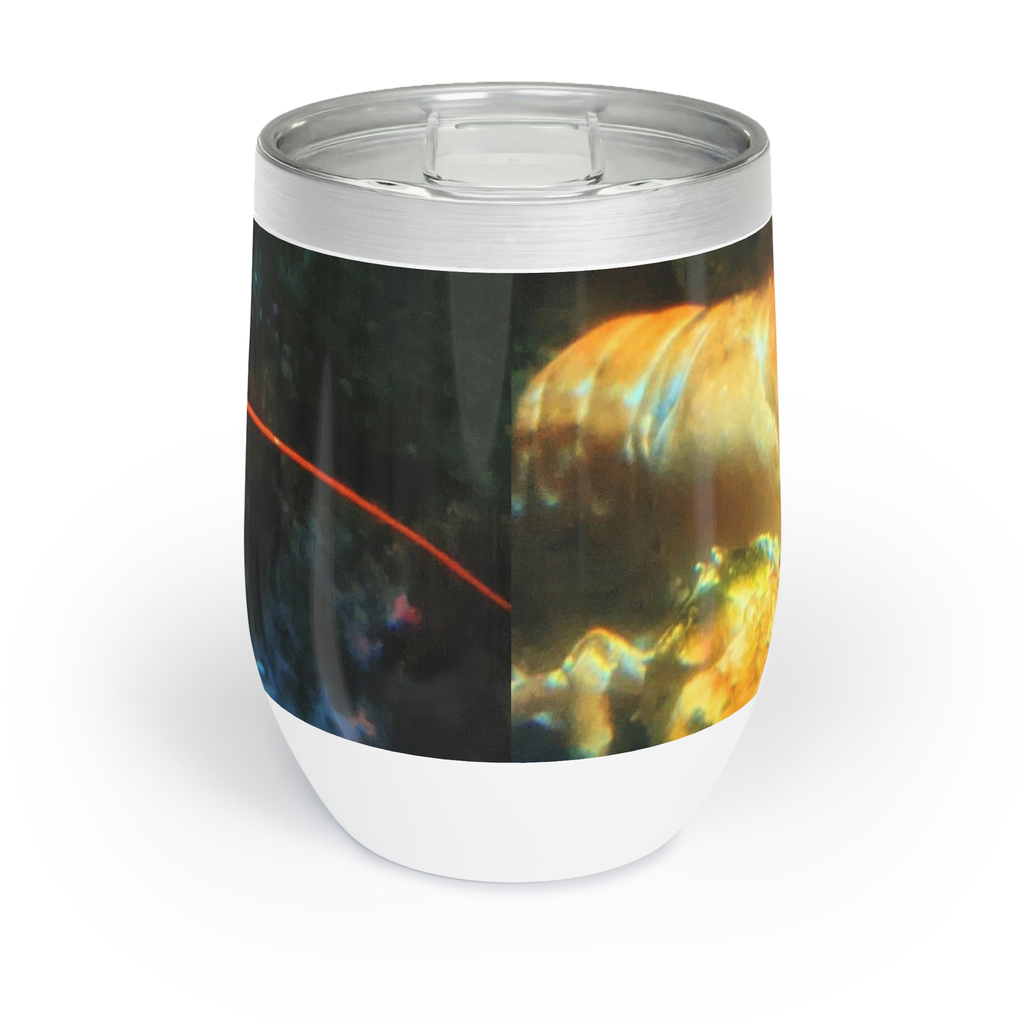 Lobster Chill Wine Tumbler in stainless steel with custom design, showcasing its double-insulated walls and stemless shape.