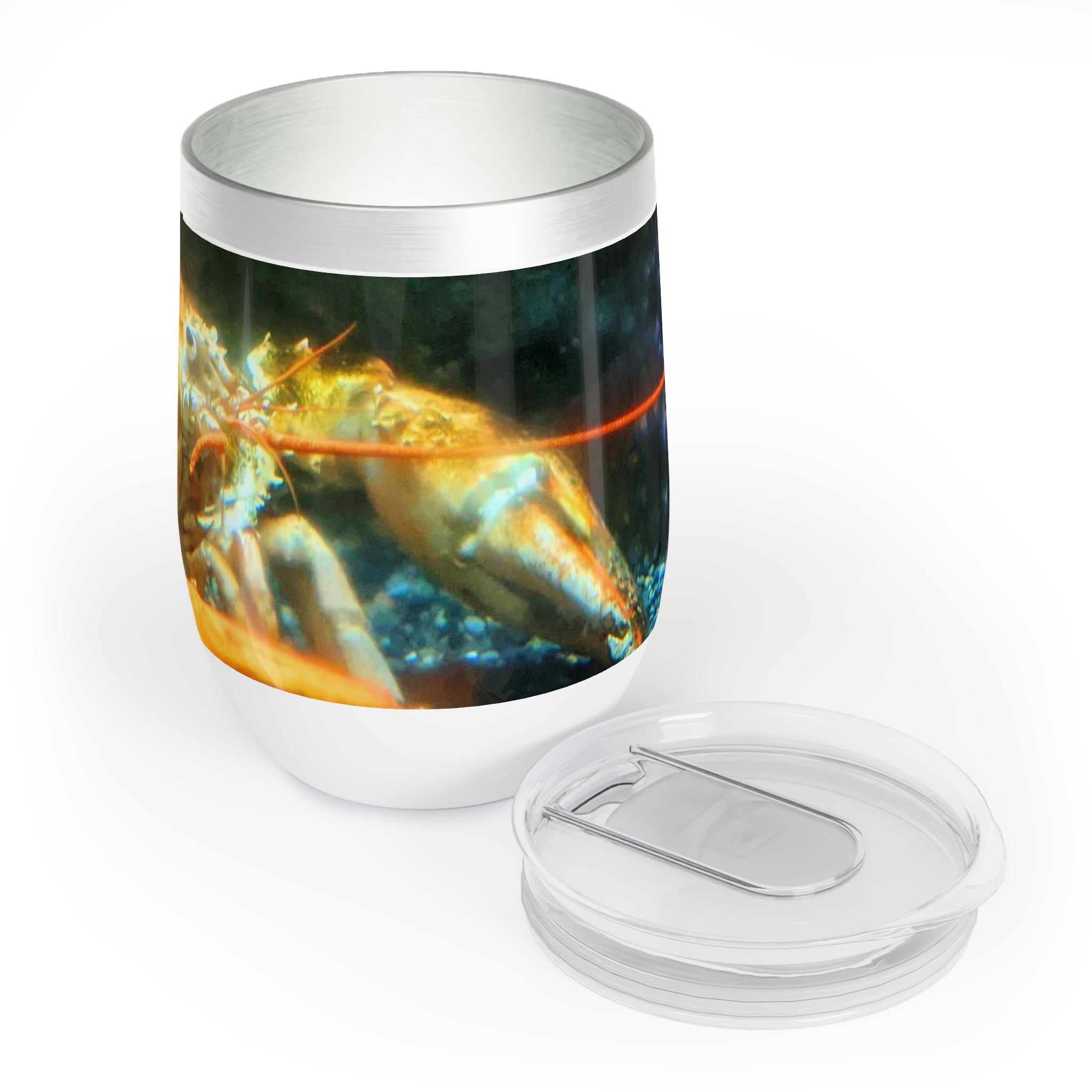 Lobster Chill Wine Tumbler in stainless steel with custom design, showcasing its double-insulated walls and stemless shape.