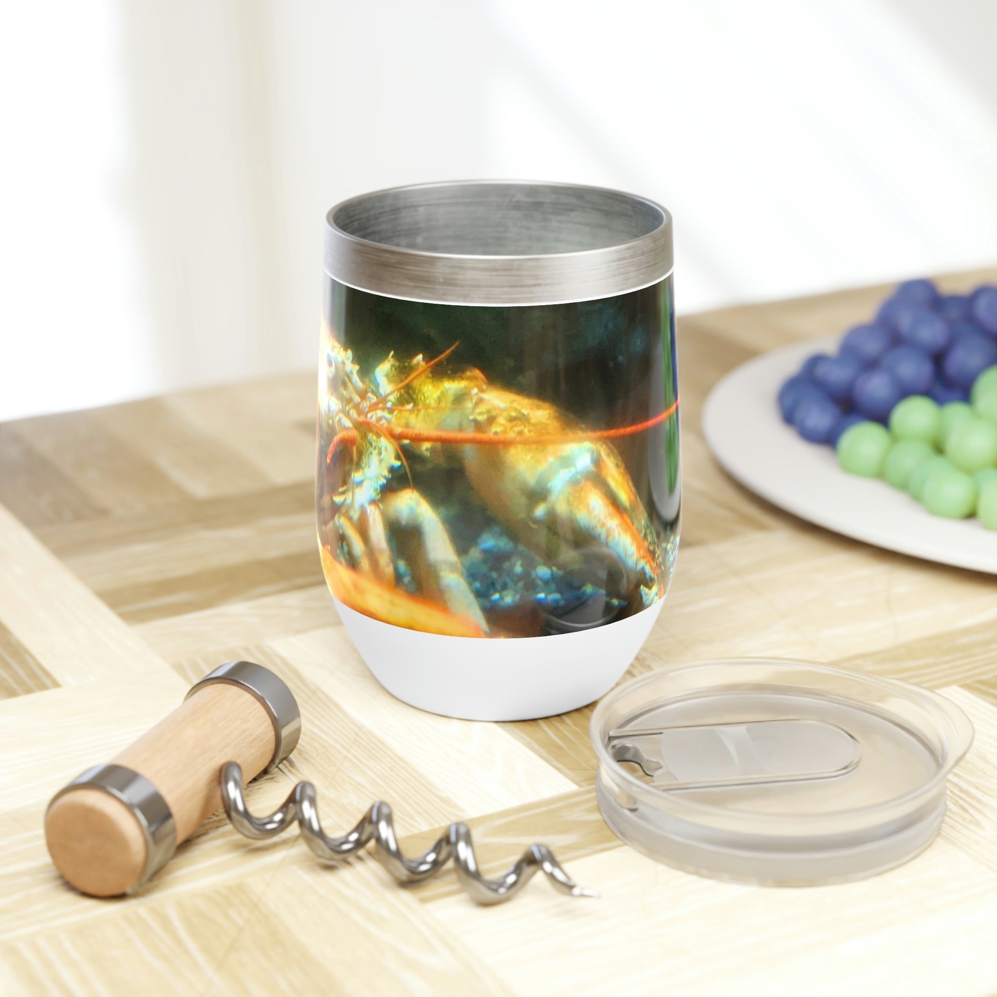 Lobster Chill Wine Tumbler in stainless steel with custom design, showcasing its double-insulated walls and stemless shape.