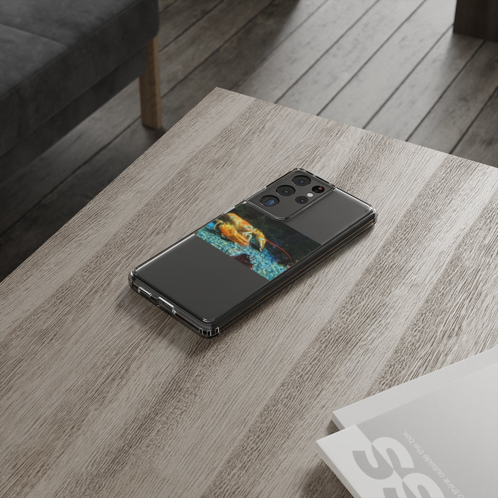 Lobster Clear Case showcasing a crystal clear polycarbonate design with cushioned TPU edges, protecting a smartphone.