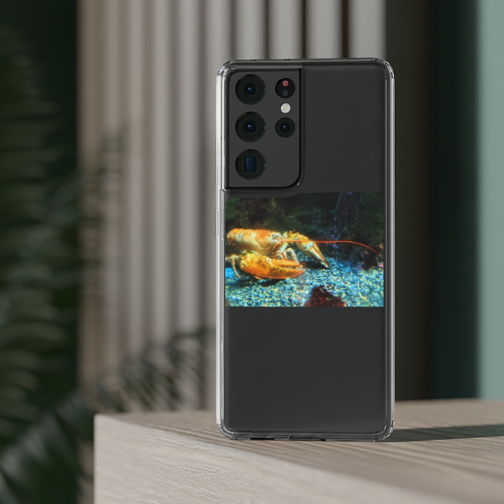 Lobster Clear Case showcasing a crystal clear polycarbonate design with cushioned TPU edges, protecting a smartphone.