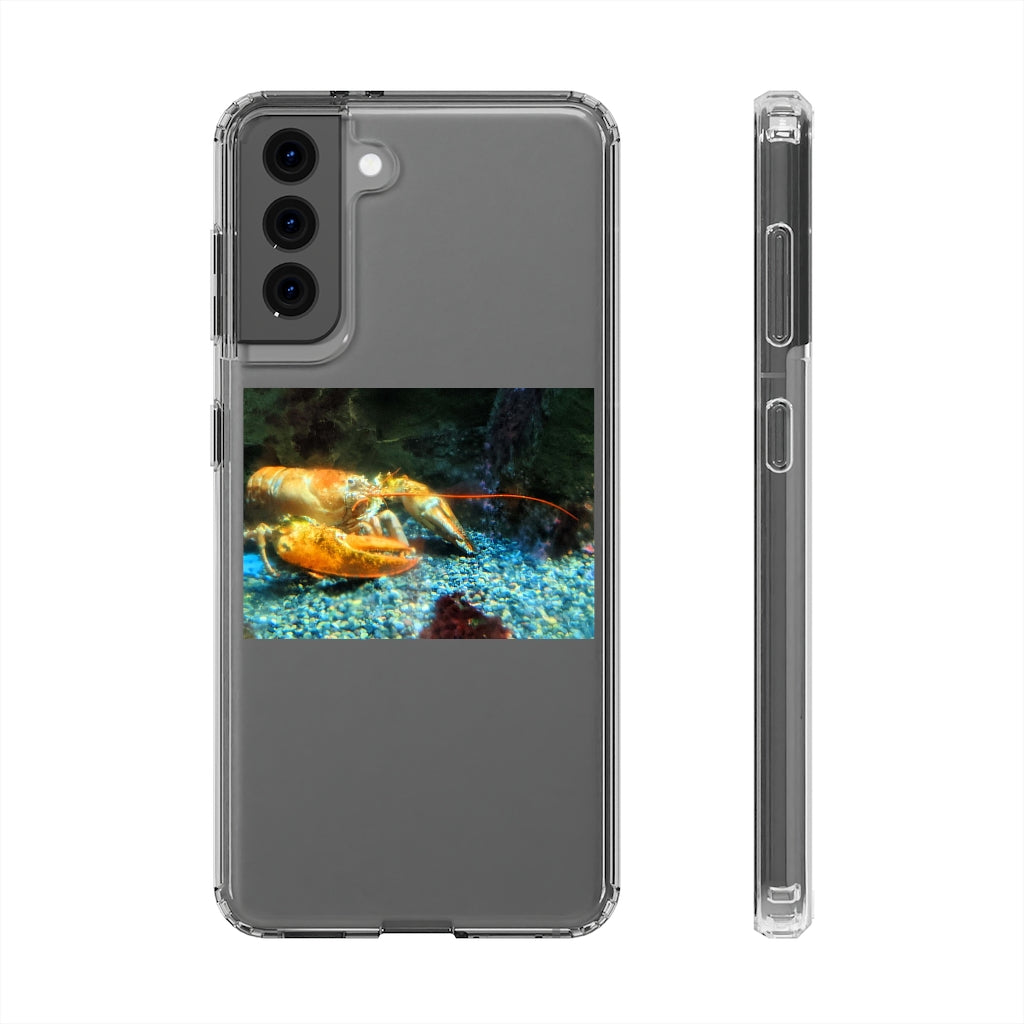 Lobster Clear Case showcasing a crystal clear polycarbonate design with cushioned TPU edges, protecting a smartphone.