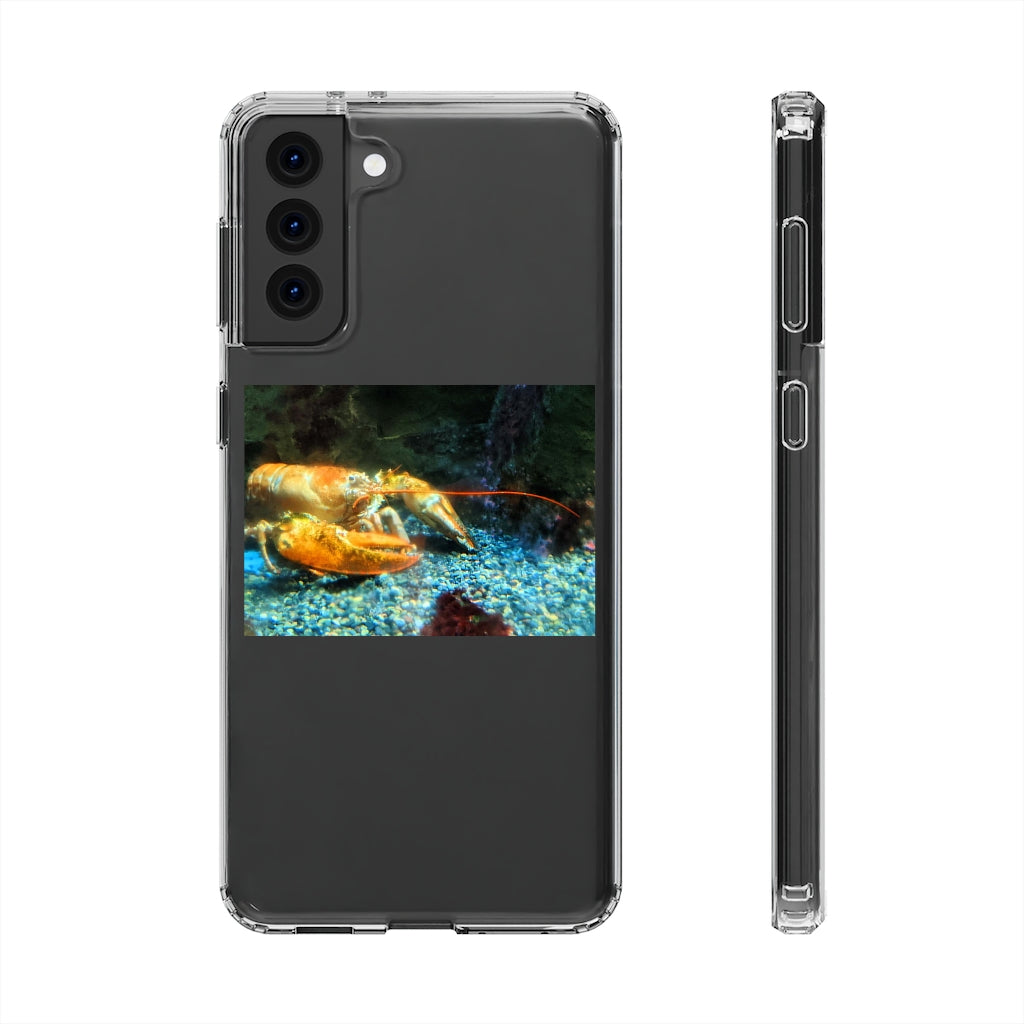 Lobster Clear Case showcasing a crystal clear polycarbonate design with cushioned TPU edges, protecting a smartphone.