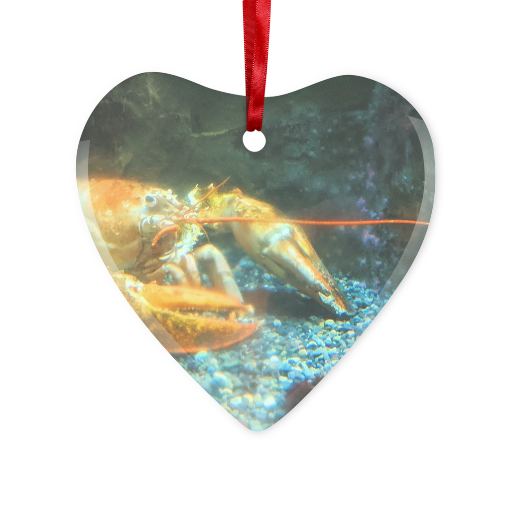 Lobster Glass Hanging Ornament in round and heart shapes, beautifully crafted with a red ribbon and gold string for hanging.