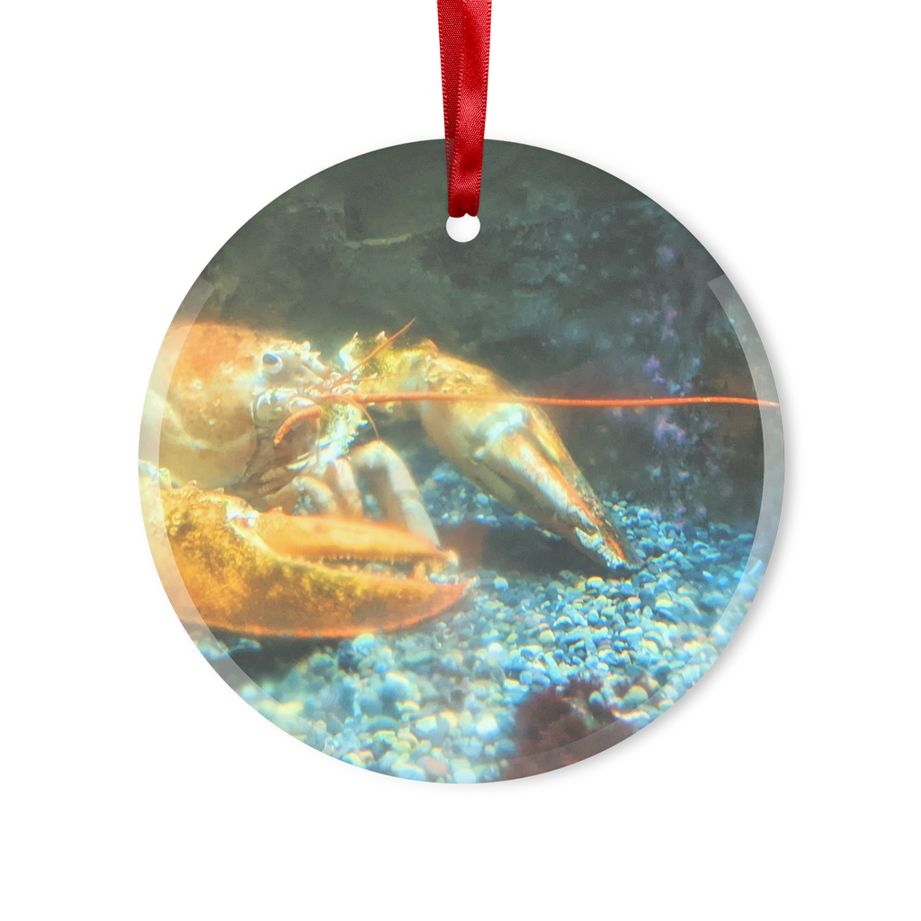 Lobster Glass Hanging Ornament in round and heart shapes, beautifully crafted with a red ribbon and gold string for hanging.