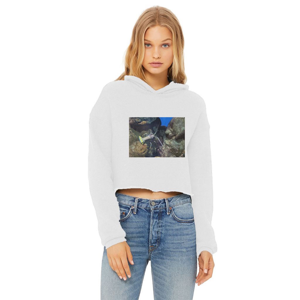 Lobster Ladies Cropped Raw Edge Hoodie in various colors, showcasing its raw edge hem and double fabric hood.