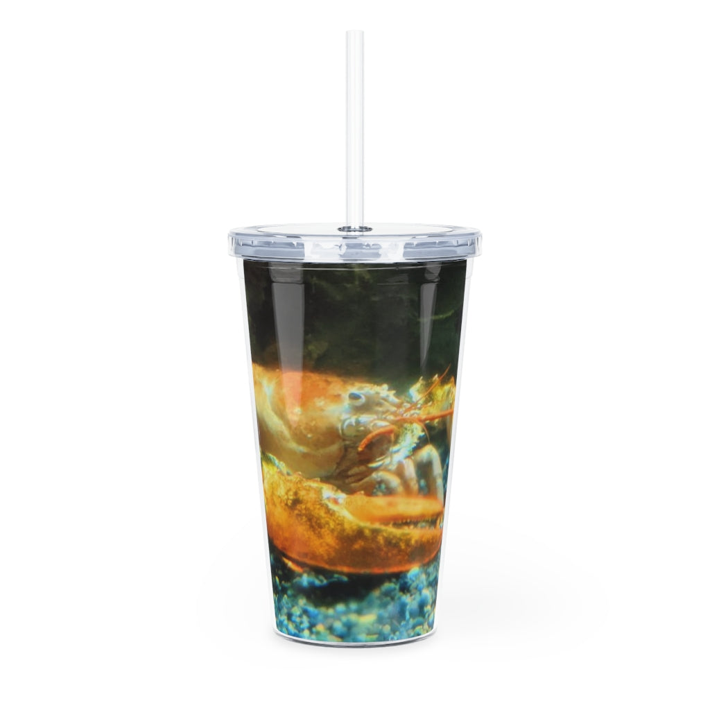 Lobster Plastic Tumbler with Straw, featuring a customizable design and double wall insulation, perfect for events.