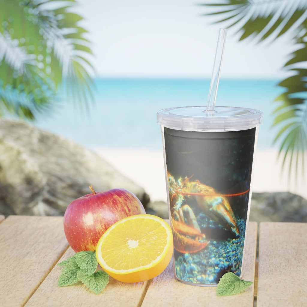 Lobster Plastic Tumbler with Straw, featuring a customizable design and double wall insulation, perfect for events.