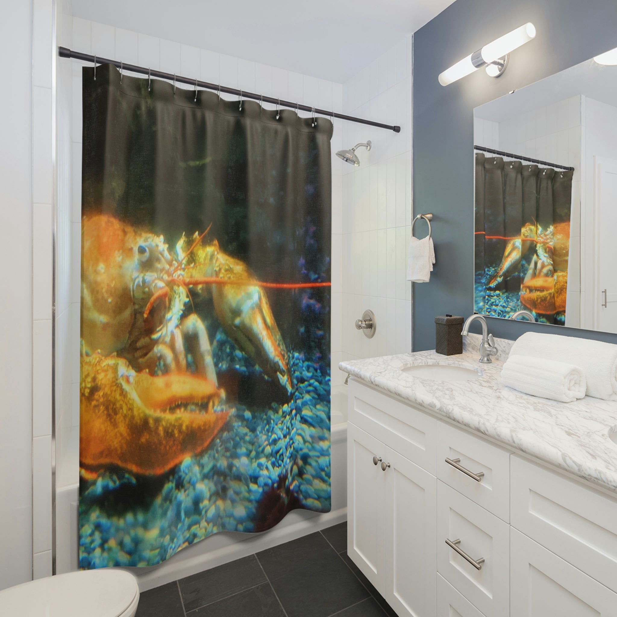 Lobster Shower Curtain featuring a vibrant lobster design on durable polyester fabric, perfect for enhancing bathroom decor.