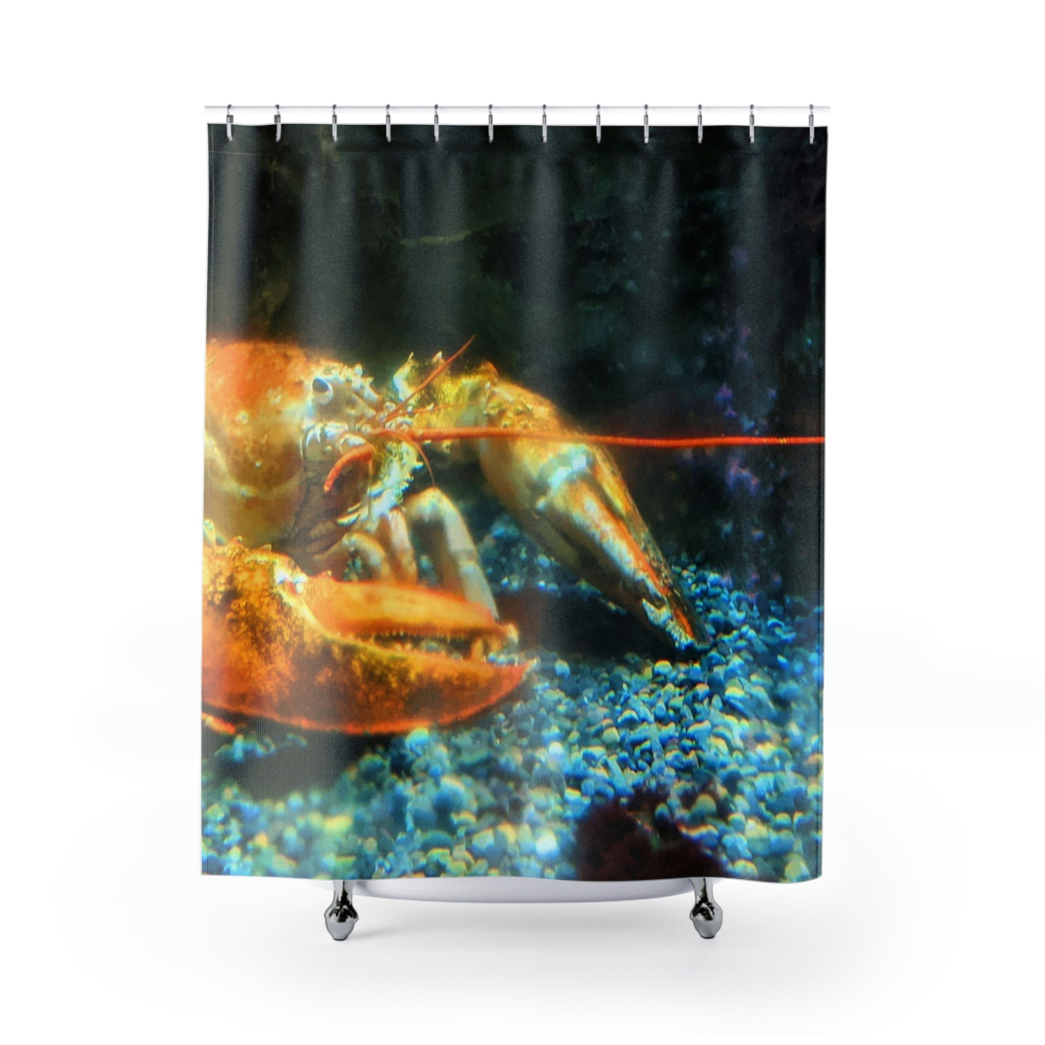 Lobster Shower Curtain featuring a vibrant lobster design on durable polyester fabric, perfect for enhancing bathroom decor.