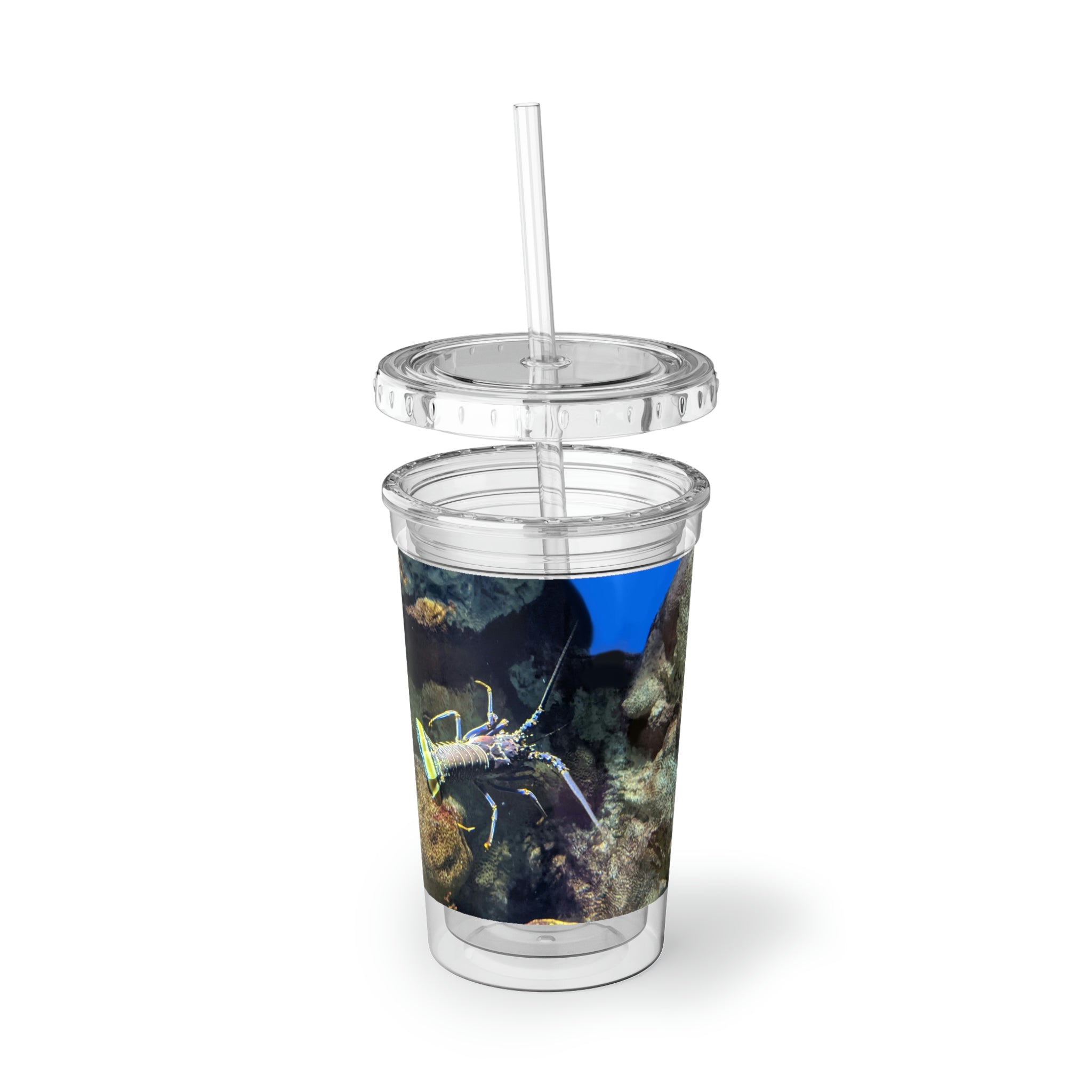 Lobster Suave Acrylic Cup with double-wall insulation, featuring a vibrant design and a straw, perfect for hot and cold beverages.