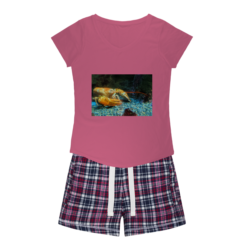 Lobster Women's Sleepy Tee and Flannel Short set featuring a relaxed fit T-shirt and vibrant flannel shorts, perfect for cozy nights.