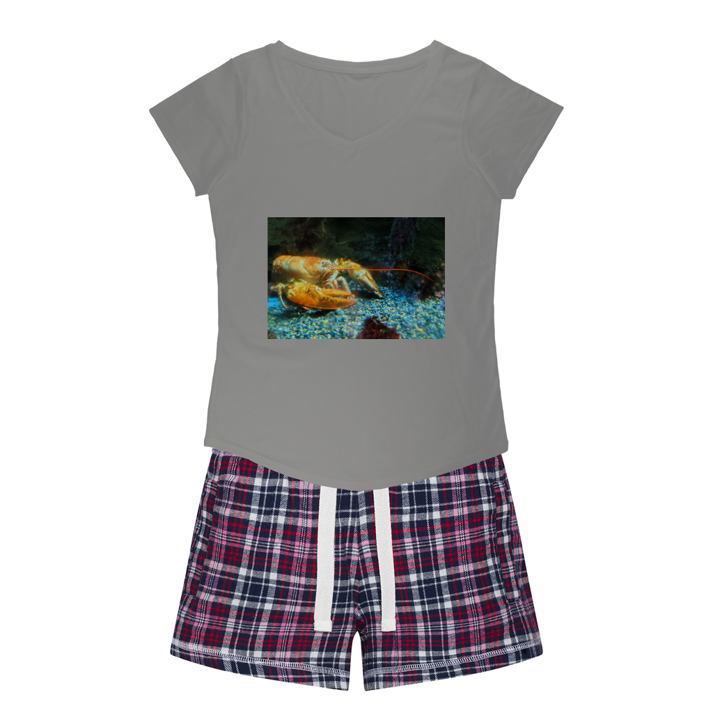 Lobster Women's Sleepy Tee and Flannel Short set featuring a relaxed fit T-shirt and vibrant flannel shorts, perfect for cozy nights.