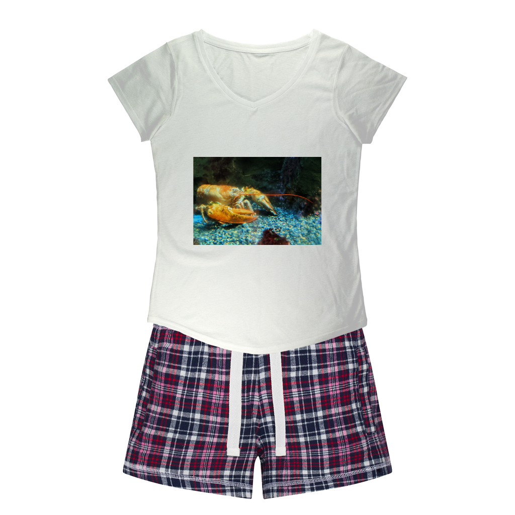 Lobster Women's Sleepy Tee and Flannel Short set featuring a relaxed fit T-shirt and vibrant flannel shorts, perfect for cozy nights.