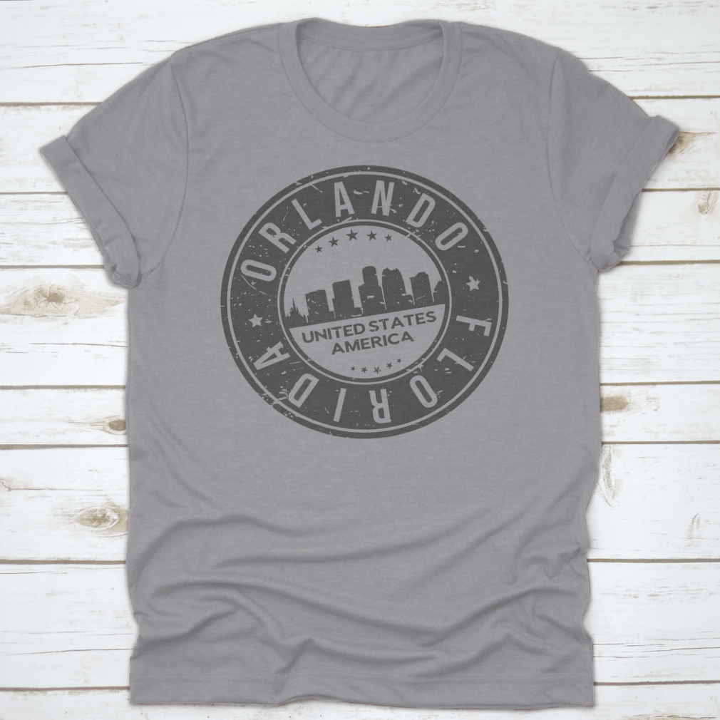 Logo Icon Symbol of Orlando, Florida, USA stamp vector design on a cotton t-shirt, showcasing vibrant colors and a classic fit.