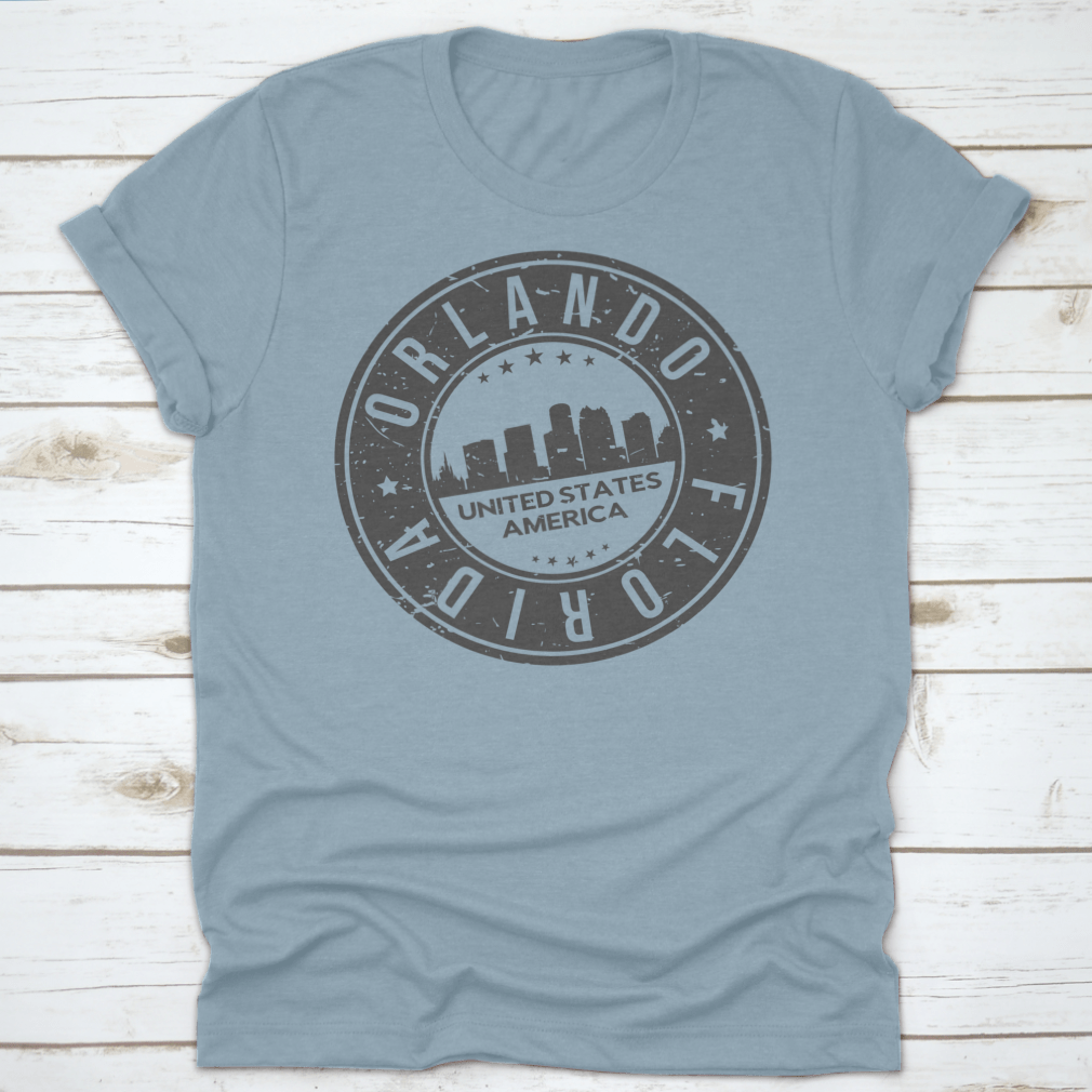 Logo Icon Symbol of Orlando, Florida, USA stamp vector design on a cotton t-shirt, showcasing vibrant colors and a classic fit.