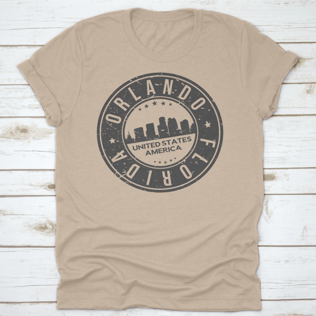 Logo Icon Symbol of Orlando, Florida, USA stamp vector design on a cotton t-shirt, showcasing vibrant colors and a classic fit.