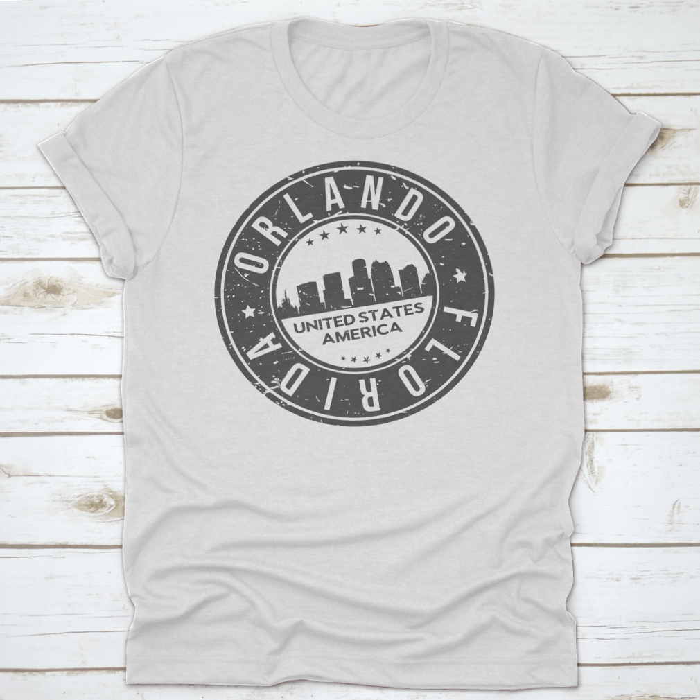 Logo Icon Symbol of Orlando, Florida, USA stamp vector design on a cotton t-shirt, showcasing vibrant colors and a classic fit.