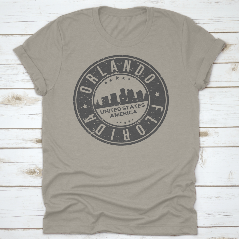 Logo Icon Symbol of Orlando, Florida, USA stamp vector design on a cotton t-shirt, showcasing vibrant colors and a classic fit.