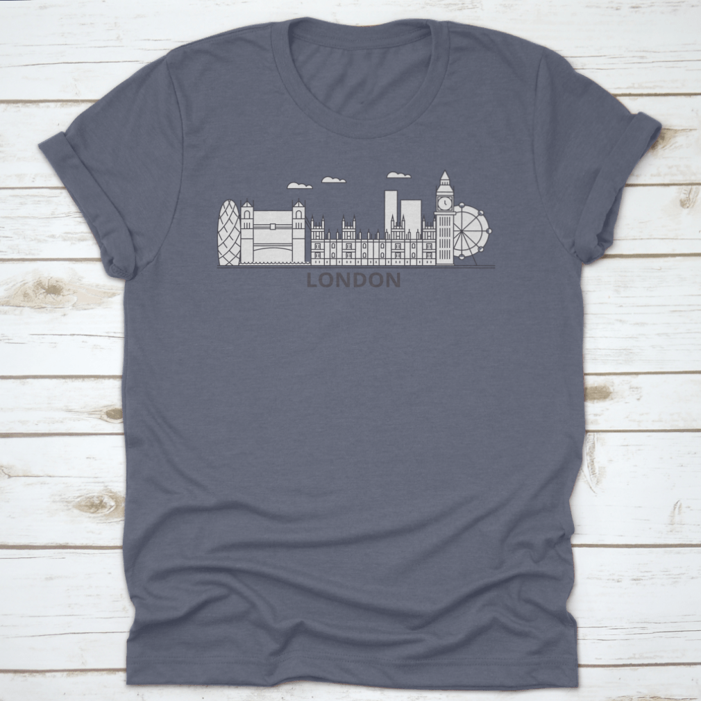 A stylish t-shirt featuring a linear vector graphic of London's iconic skyline, showcasing famous landmarks.