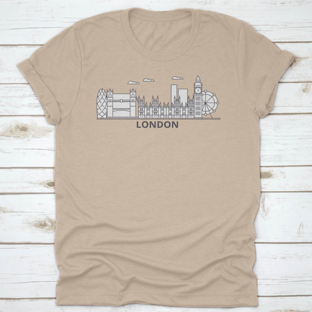 A stylish t-shirt featuring a linear vector graphic of London's iconic skyline, showcasing famous landmarks.