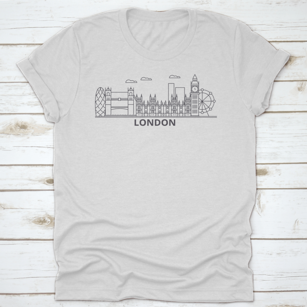 A stylish t-shirt featuring a linear vector graphic of London's iconic skyline, showcasing famous landmarks.