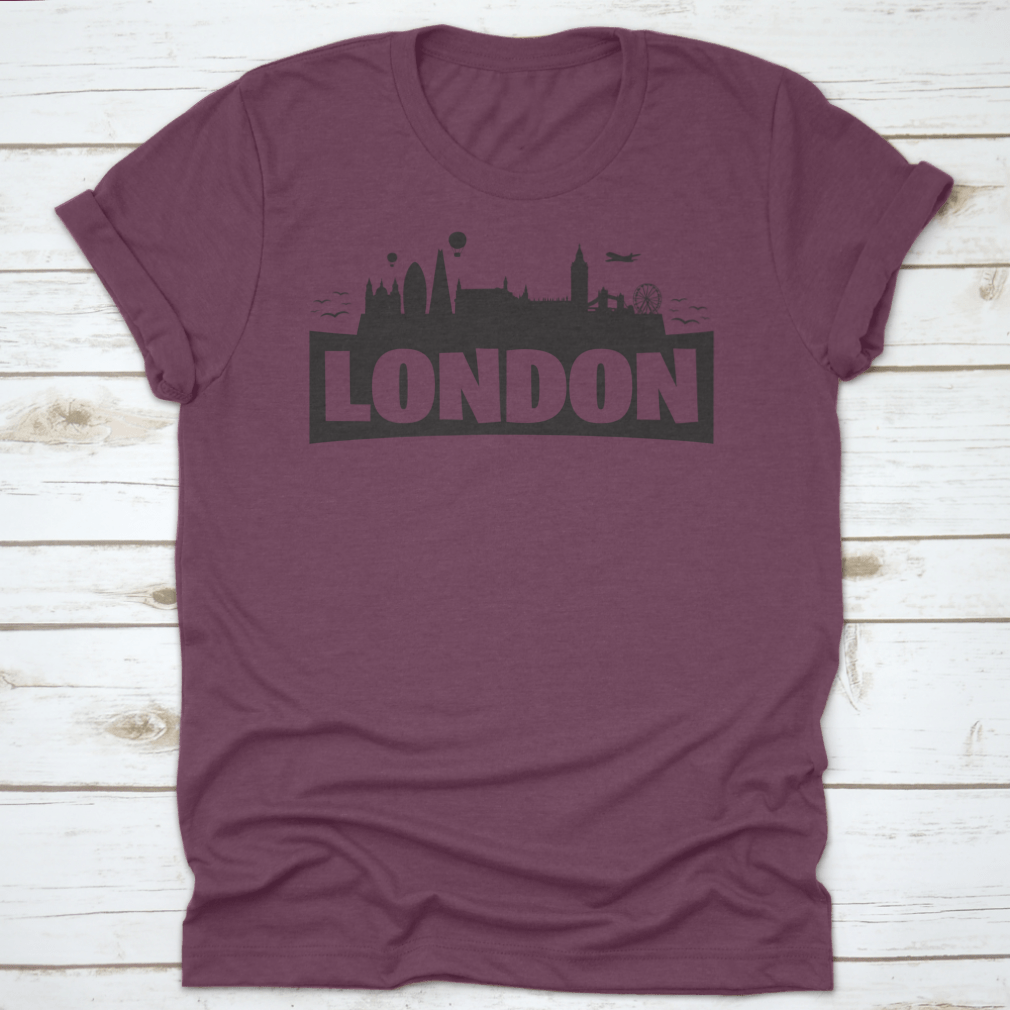 A stylish shirt featuring the London skyline and famous monuments, showcasing iconic landmarks like Big Ben and the London Eye.