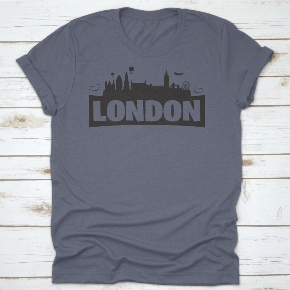 A stylish shirt featuring the London skyline and famous monuments, showcasing iconic landmarks like Big Ben and the London Eye.