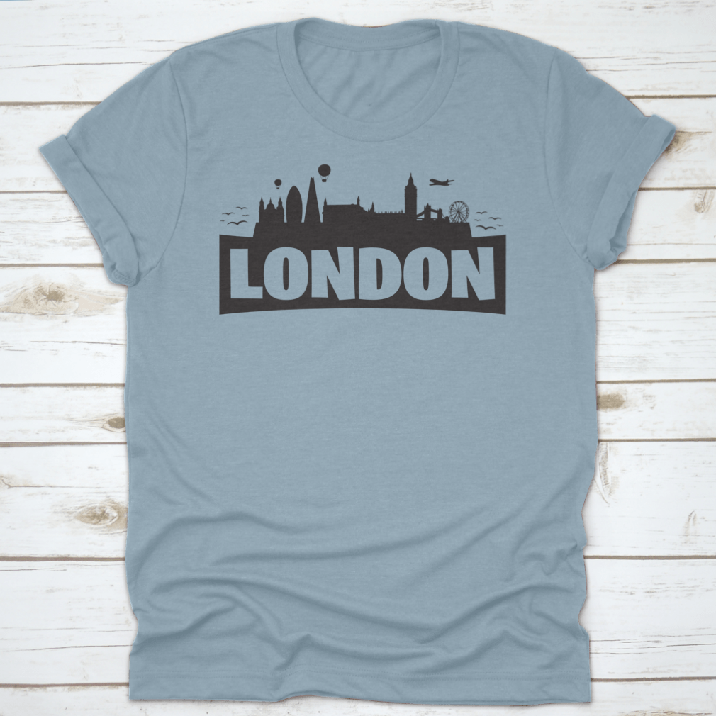 A stylish shirt featuring the London skyline and famous monuments, showcasing iconic landmarks like Big Ben and the London Eye.