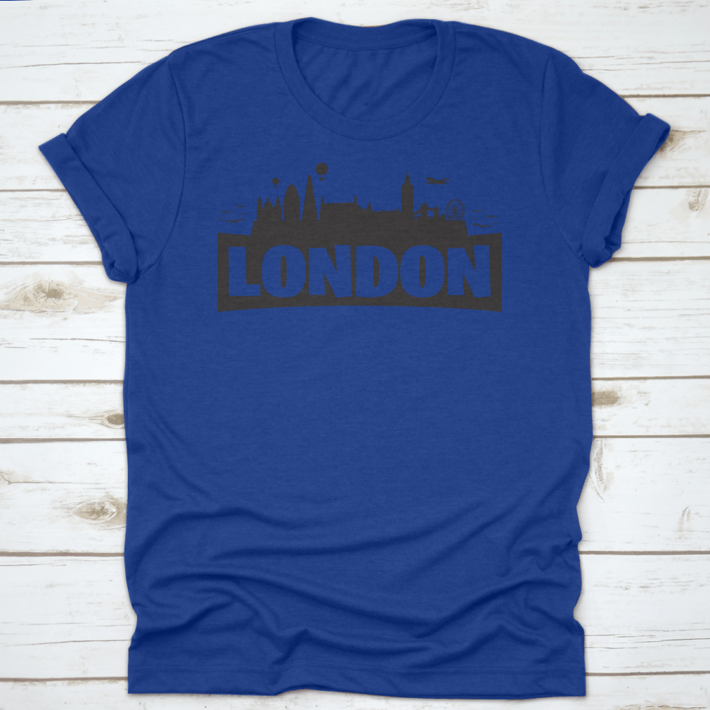 A stylish shirt featuring the London skyline and famous monuments, showcasing iconic landmarks like Big Ben and the London Eye.