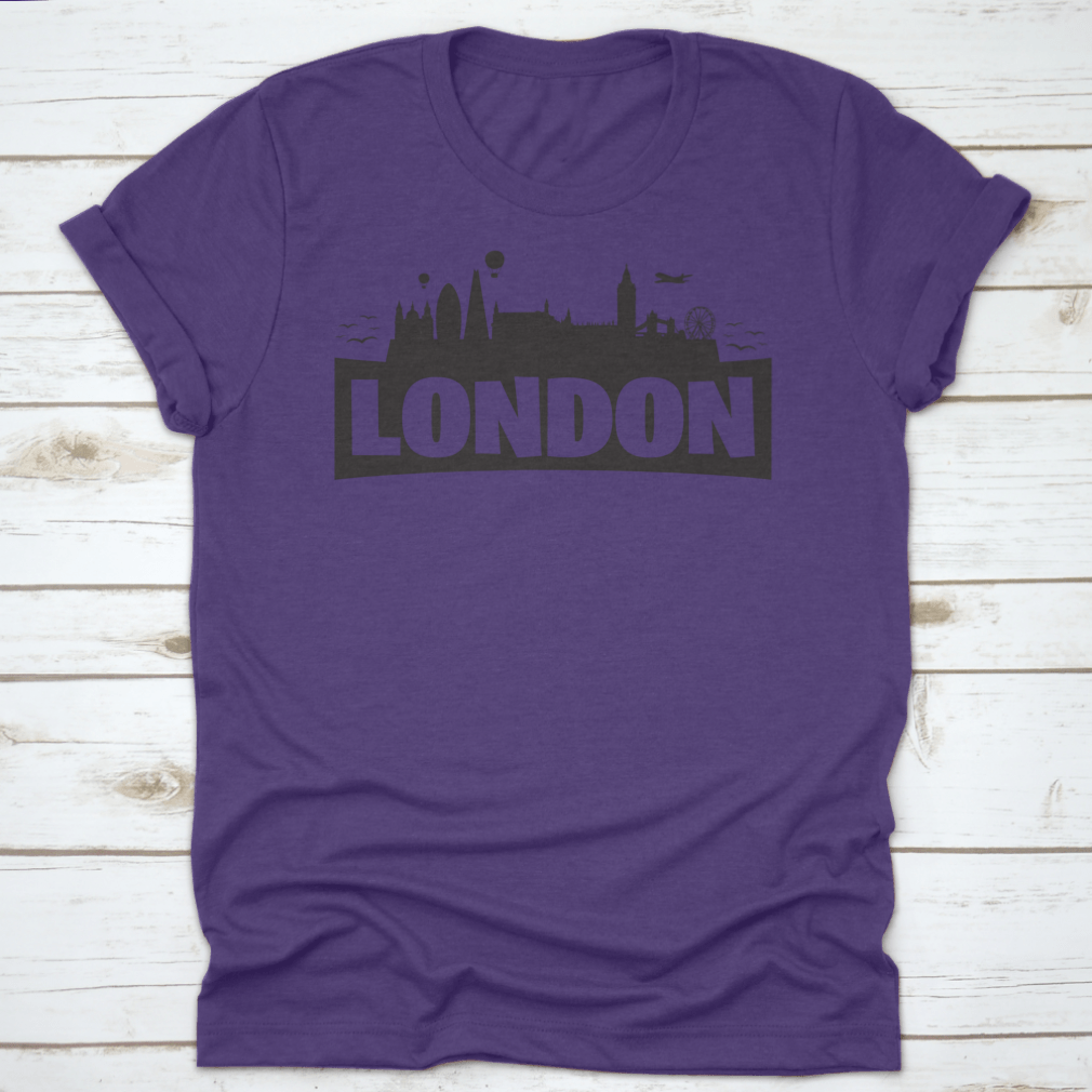A stylish shirt featuring the London skyline and famous monuments, showcasing iconic landmarks like Big Ben and the London Eye.