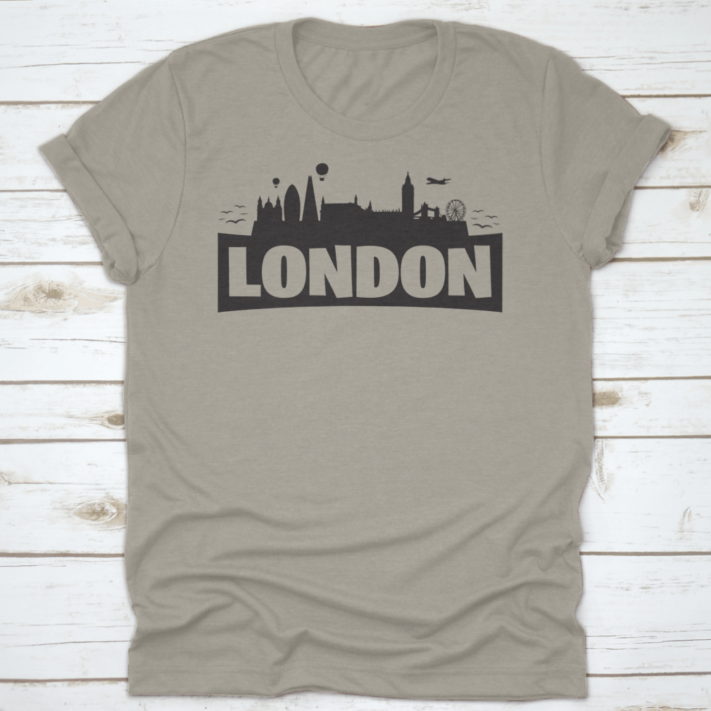 A stylish shirt featuring the London skyline and famous monuments, showcasing iconic landmarks like Big Ben and the London Eye.