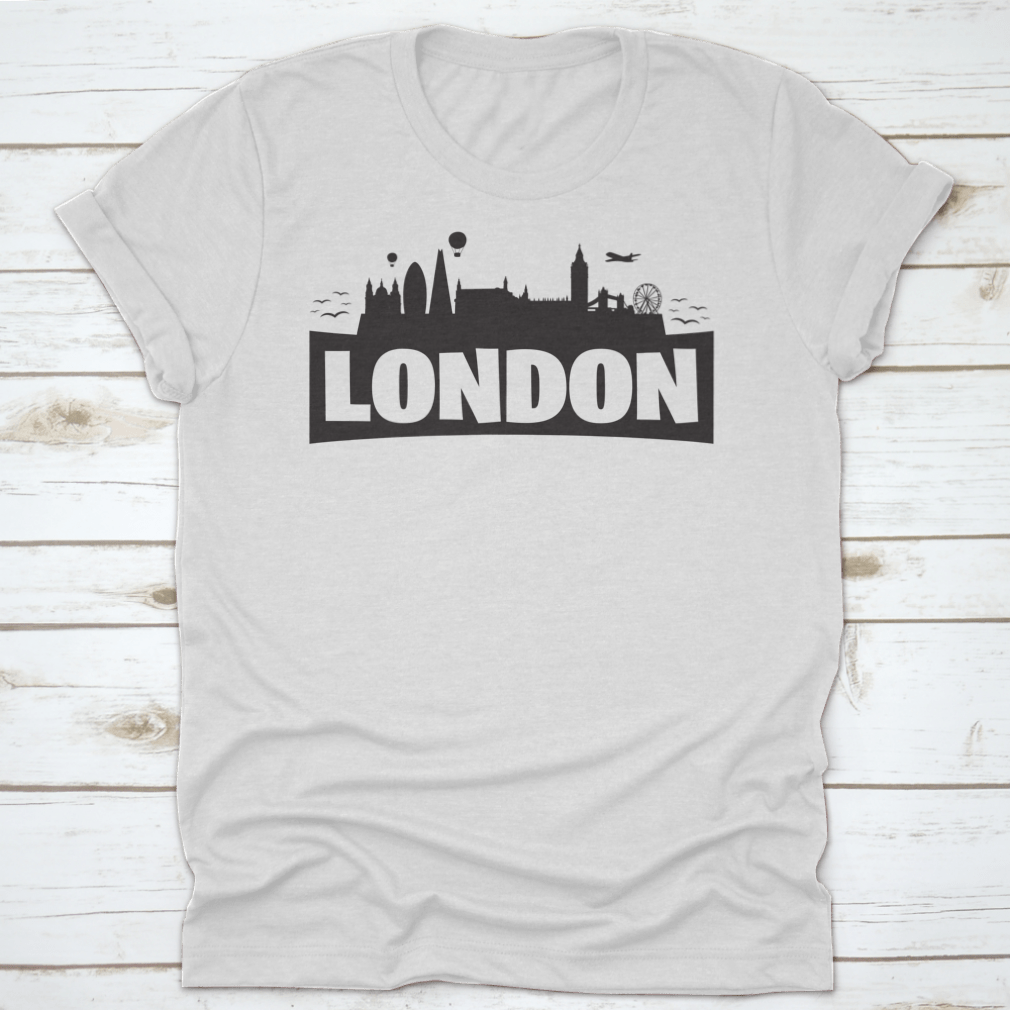 A stylish shirt featuring the London skyline and famous monuments, showcasing iconic landmarks like Big Ben and the London Eye.