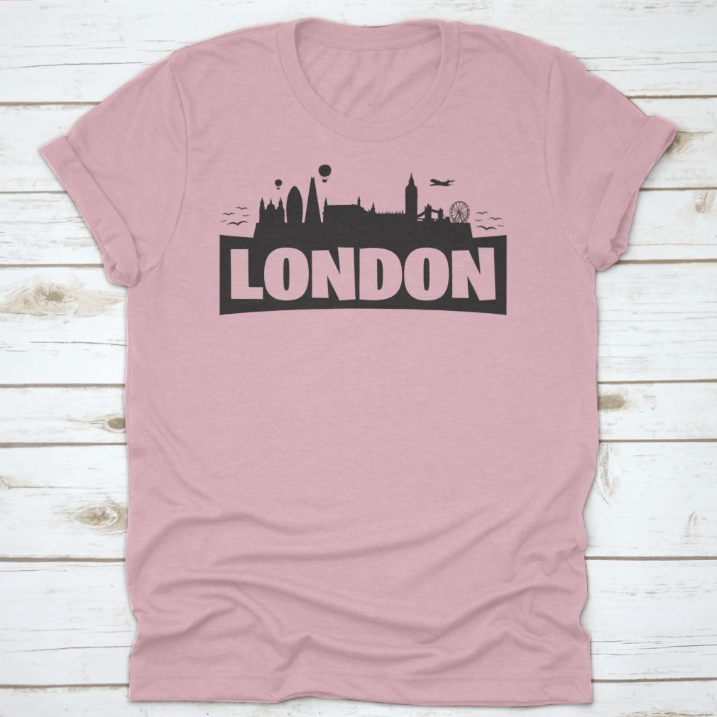 A stylish shirt featuring the London skyline and famous monuments, showcasing iconic landmarks like Big Ben and the London Eye.