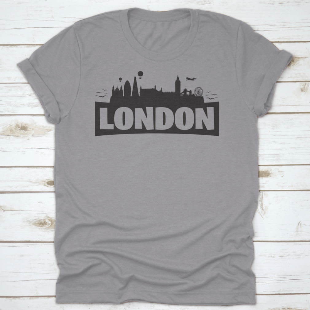 A stylish shirt featuring the London skyline and famous monuments, showcasing iconic landmarks like Big Ben and the London Eye.