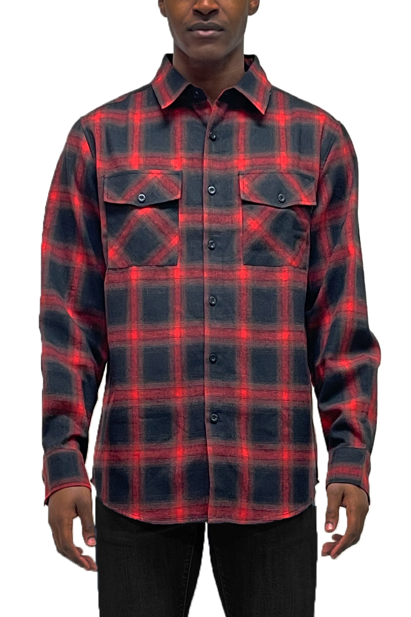 A stylish long checkered flannel shirt featuring a classic pattern, chest pockets, and a curved hem, perfect for casual wear.