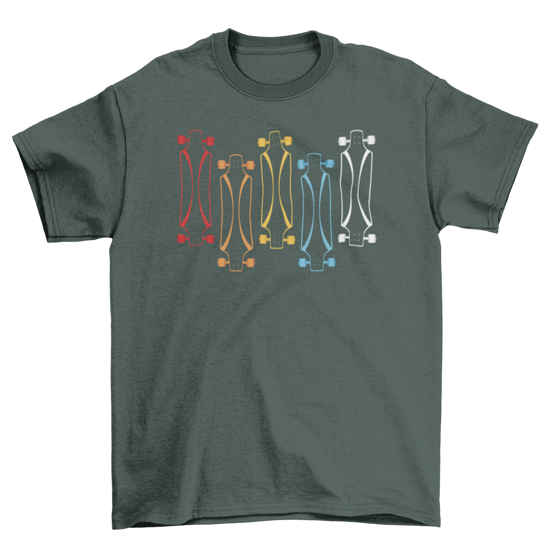 A stylish Longboards t-shirt featuring five colorful longboard designs, perfect for casual wear.
