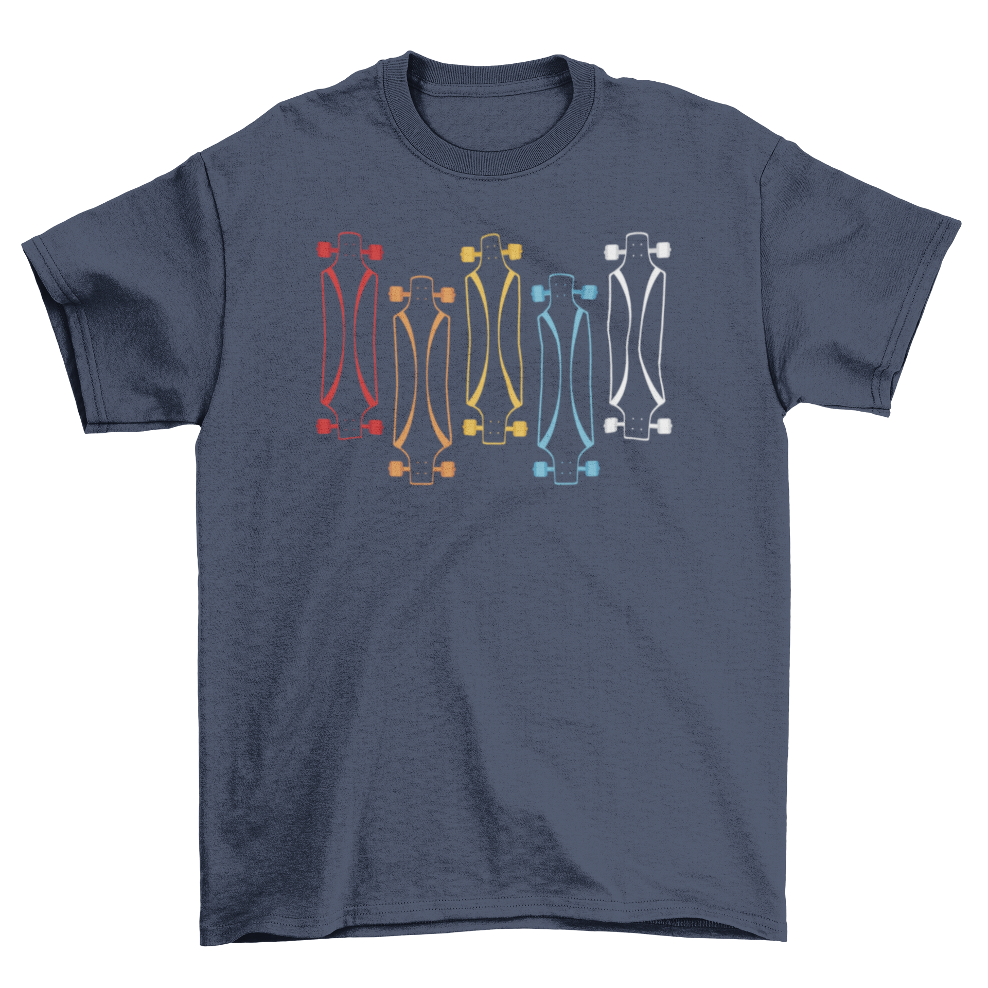 A stylish Longboards t-shirt featuring five colorful longboard designs, perfect for casual wear.