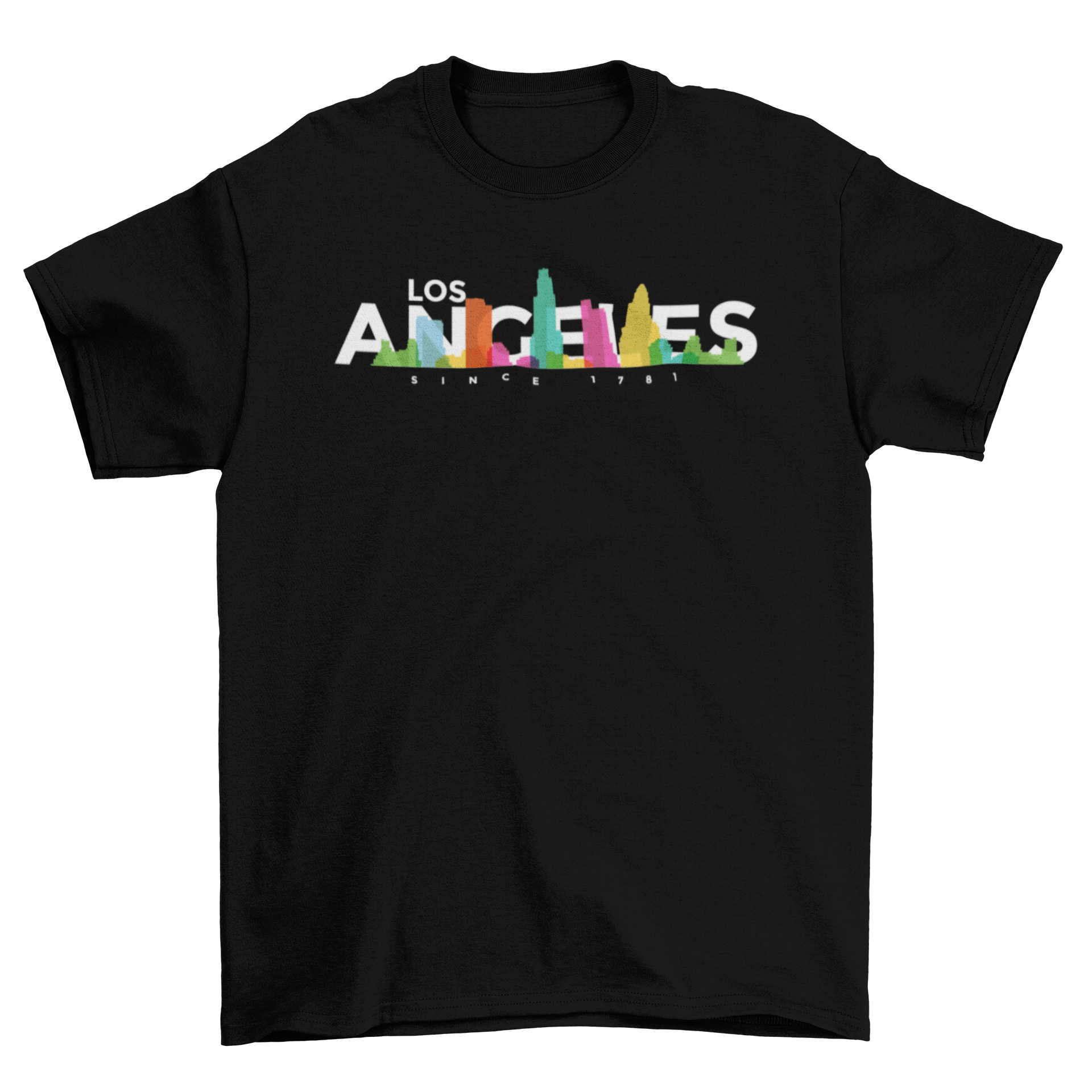 Colorful T-shirt featuring the Los Angeles skyline design, showcasing iconic landmarks in bright hues.