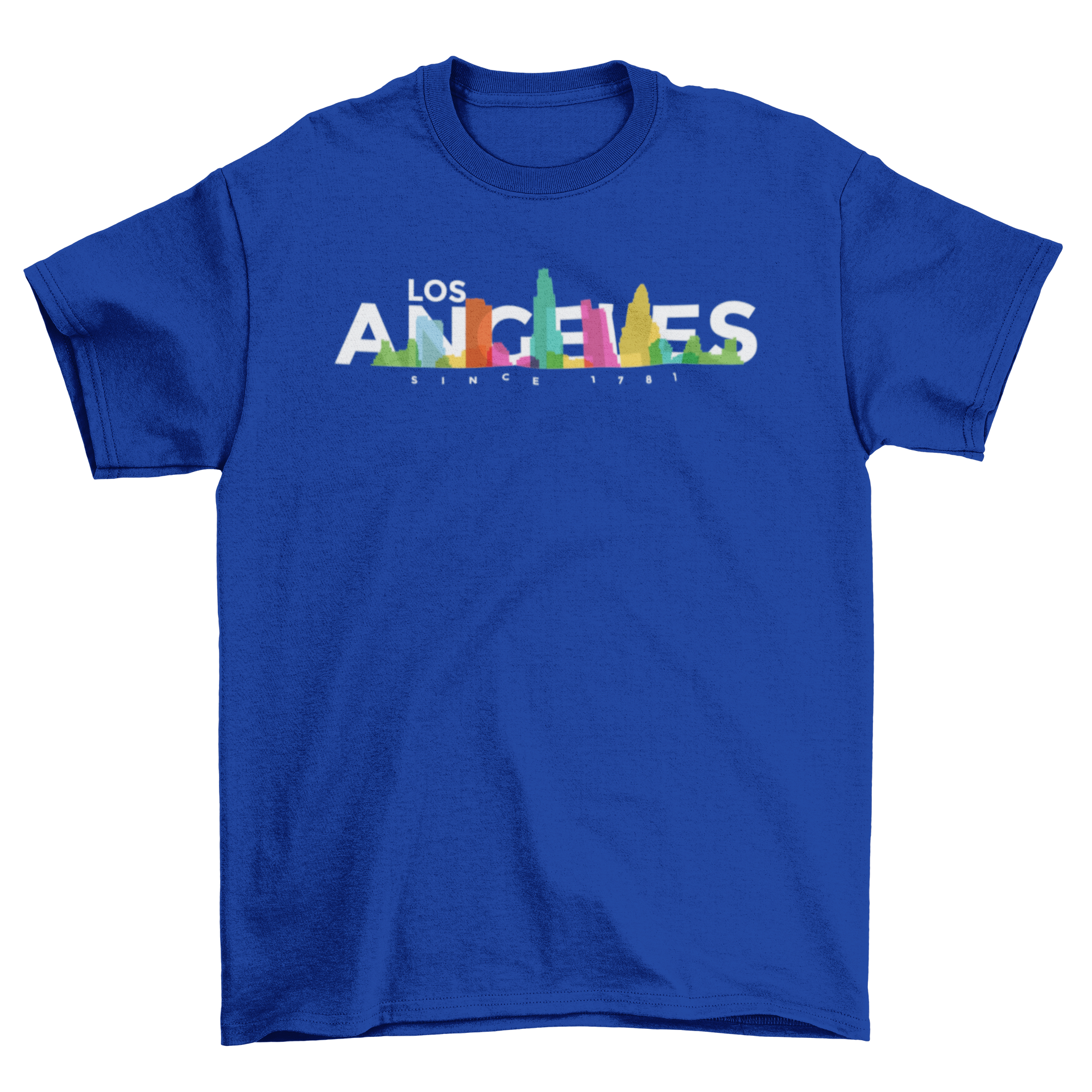 Colorful T-shirt featuring the Los Angeles skyline design, showcasing iconic landmarks in bright hues.