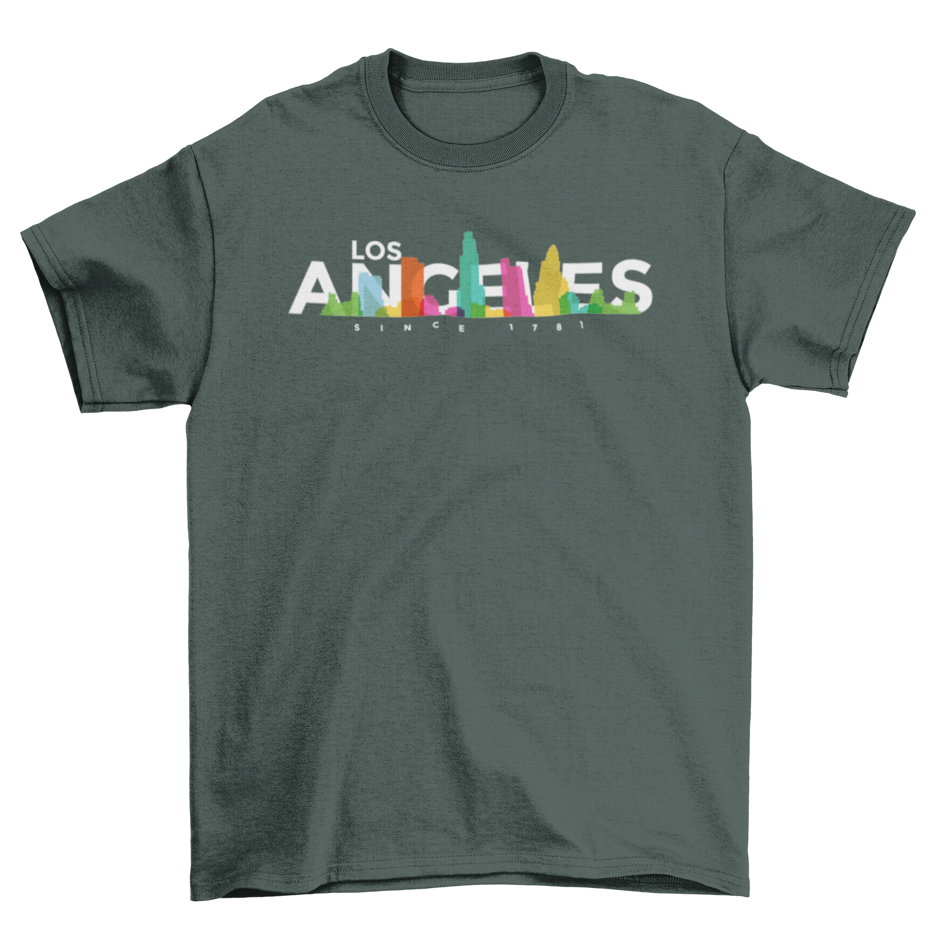 Colorful T-shirt featuring the Los Angeles skyline design, showcasing iconic landmarks in bright hues.