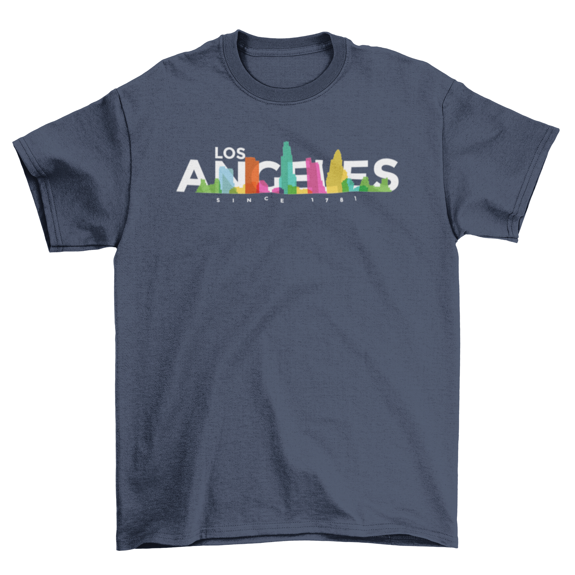 Colorful T-shirt featuring the Los Angeles skyline design, showcasing iconic landmarks in bright hues.