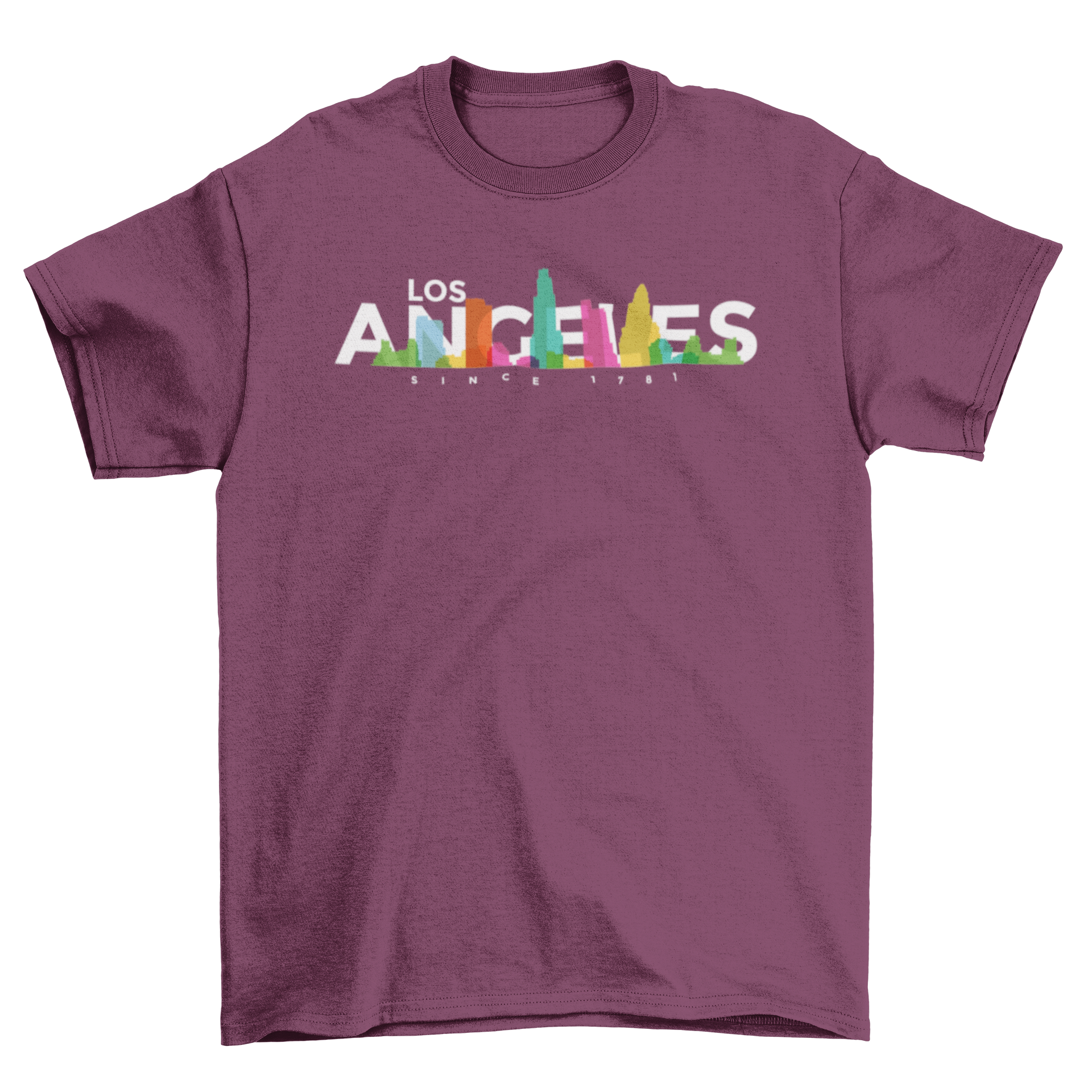 Colorful T-shirt featuring the Los Angeles skyline design, showcasing iconic landmarks in bright hues.