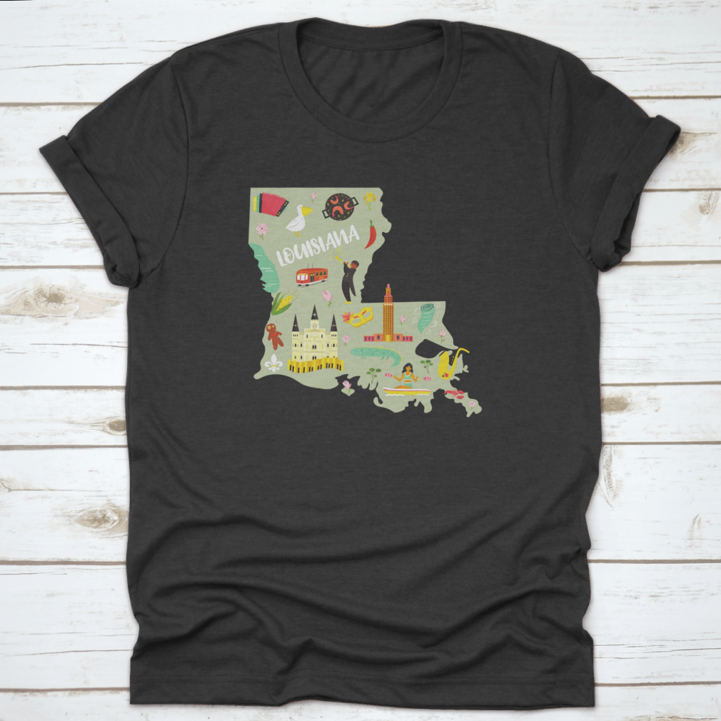 A colorful cartoon-styled t-shirt featuring Louisiana landmarks and symbols, showcasing vibrant designs on a comfortable cotton fabric.
